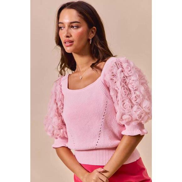 Rosette Sleeves Square Neck Sweater Knit Top - Picture 7 of 9